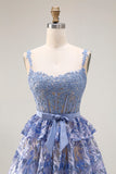 Corset A Line Tiered Sequin Grey Blue Long Prom Dress With Slit