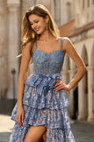 Grey Blue A Line Tiered Sequin Corset Long Prom Dress With Slit