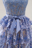 Corset A Line Tiered Sequin Grey Blue Long Prom Dress With Slit