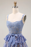 Corset A Line Tiered Sequin Grey Blue Long Prom Dress With Slit