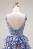 Corset A Line Tiered Sequin Grey Blue Long Prom Dress With Slit
