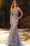 Mermaid Grey Blue Strapless Sequin Corset Long Prom Dress
