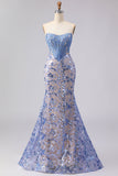 Grey Blue Mermaid Strapless Corset Sequin Long Prom Dress