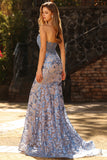Grey Blue Mermaid Strapless Corset Sequin Long Prom Dress