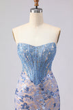 Mermaid Grey Blue Strapless Sequin Corset Long Prom Dress