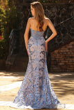 Grey Blue Mermaid Strapless Corset Sequin Long Prom Dress