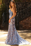 Grey Blue Mermaid Strapless Corset Sequin Long Prom Dress