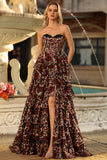 Tiered Strapless Brown Leopard A Line Prom Dress