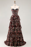 Tiered Strapless Brown Leopard A Line Prom Dress