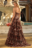 Tiered Strapless Brown Leopard A Line Prom Dress