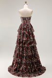 Tiered Strapless Brown Leopard A Line Prom Dress