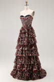 Brown Leopard Tiered Strapless A Line Prom Dress