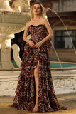 Tiered Strapless Brown Leopard A Line Prom Dress