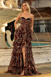 Tiered Strapless Brown Leopard A Line Prom Dress