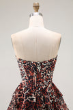 Brown Leopard Tiered Strapless A Line Prom Dress
