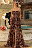 Tiered Strapless Brown Leopard A Line Prom Dress