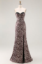 Coffee Leopard Strapless Prom Dress with Slit