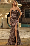 Coffee Leopard Corset Strapless Long Prom Dress