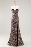 Coffee Leopard Strapless Prom Dress with Slit