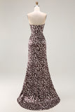 Coffee Leopard Strapless Prom Dress with Slit