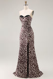 Coffee Leopard Strapless Prom Dress with Slit