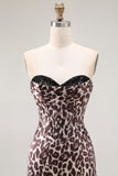 Coffee Leopard Strapless Prom Dress with Slit