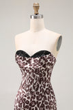 Coffee Leopard Strapless Prom Dress with Slit