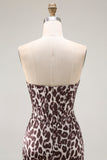 Coffee Leopard Strapless Prom Dress with Slit