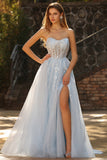 Glitter Strapless Champagne Corset A Line Appliqued Prom Dress with Slit