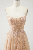 Champagne A Line Appliqued Prom Dress with Removable Sleeves