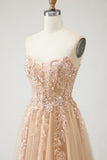 Champagne A Line Appliqued Prom Dress with Removable Sleeves