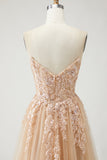 Champagne A Line Appliqued Prom Dress with Removable Sleeves
