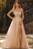 Glitter Strapless Champagne Corset A Line Appliqued Prom Dress with Slit