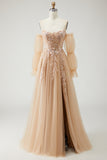 Champagne A Line Appliqued Prom Dress with Removable Sleeves