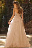 Glitter Strapless Champagne Corset A Line Appliqued Prom Dress with Slit