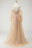 Champagne A Line Appliqued Prom Dress with Removable Sleeves