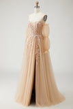 Champagne A Line Appliqued Prom Dress with Removable Sleeves