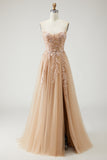 Champagne A Line Appliqued Prom Dress with Removable Sleeves