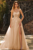 Glitter Strapless Champagne Corset A Line Appliqued Prom Dress with Slit