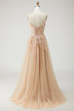Champagne A Line Appliqued Prom Dress with Removable Sleeves