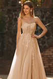 Glitter Strapless Champagne Corset A Line Appliqued Prom Dress with Slit