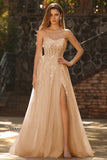 Glitter Strapless Champagne Corset A Line Appliqued Prom Dress with Slit