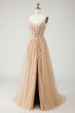 Champagne A Line Appliqued Prom Dress with Removable Sleeves