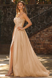 Glitter Strapless Champagne Corset A Line Appliqued Prom Dress with Slit