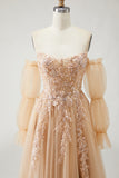 Champagne A Line Appliqued Prom Dress with Removable Sleeves