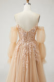 Champagne A Line Appliqued Prom Dress with Removable Sleeves