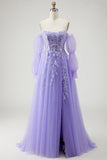 Purple Strapless A Line Appliqued Sequin Prom Dress