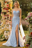 Blue Mermaid Sweetheart Corset Beaded Sequin Long Prom Dress with Slit