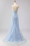 Blue Mermaid Sweetheart Corset Beaded Sequin Long Prom Dress with Slit