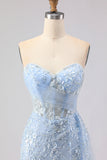 Blue Mermaid Sweetheart Corset Beaded Sequin Long Prom Dress with Slit